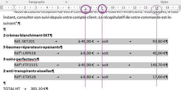 Placer taquets de tabulation pour plusieurs lignes pas à côté en une fois