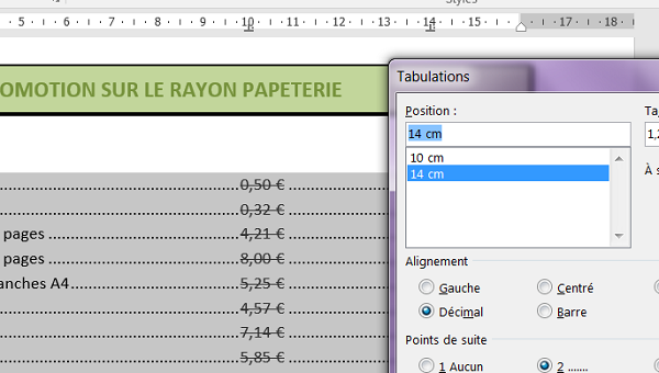 Ajouter lignes guides pointillées dans les tabulations colonnes de Word