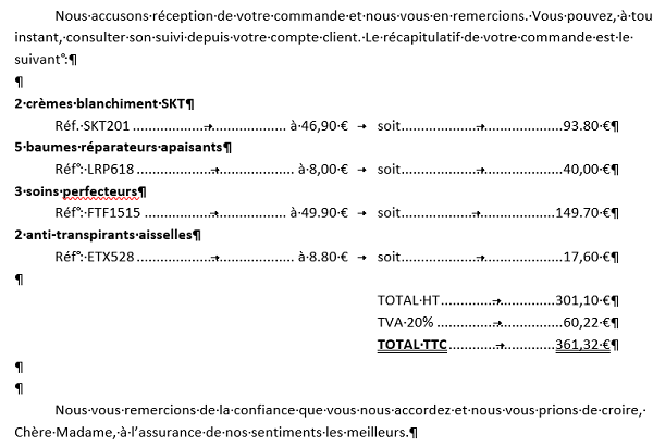 Mise en page bon de commande dans Word avec prix en colonnes