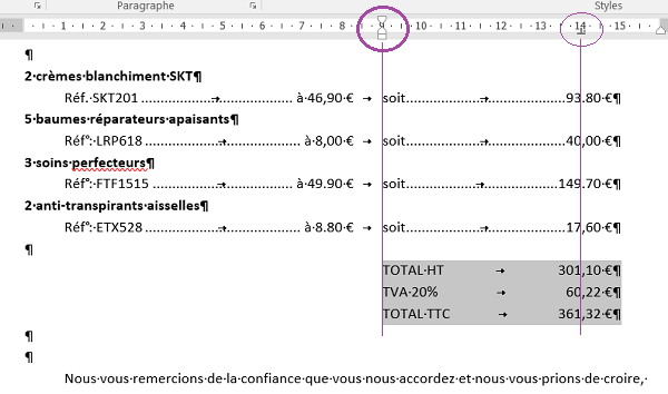 Mise en page colonnes avec retrait gauche et taquet de tabulation Word