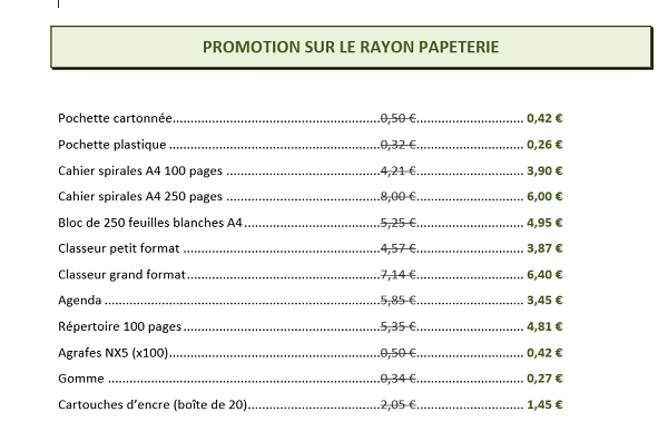 Présentation des promotions en colonnes avec les taquets de tabulation dans Word