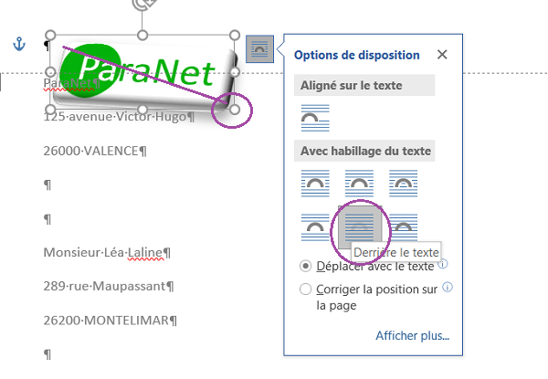 Habillage image dans Word pour la placer sous le texte