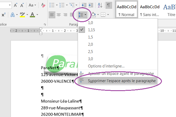 Rapprocher les lignes du document Word avec espacement de paragraphe