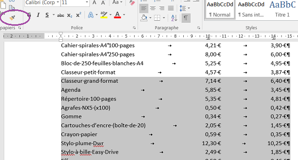 Reproduire alignement en colonnes des taquets de tabulation Word