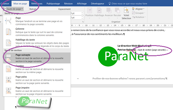 Orientations différentes, portrait et paysage, pour deux pages du même document Word