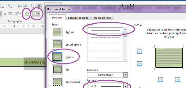 Bordure spécifique ombrée sur titre du courrier Word