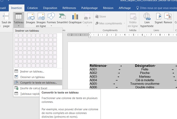 Transformer un texte en tableau grâce aux tabulations