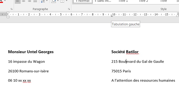 Alignements des informations dans un Curriculum vitae Word