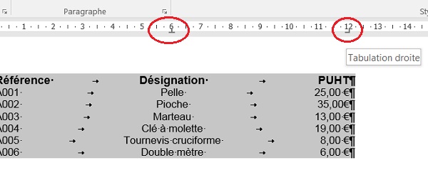 Alignement en colonne par la droite avec les taquets de tabulation