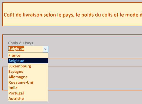 Contenu de liste déroulante des pays de destination selon requête SQL Access