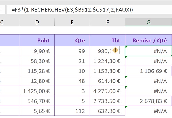 Recherches Excel infructueuses des remises varibales conduisant à des erreurs N/A