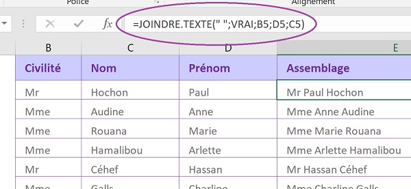 Assembler les données séparées avec la fonction de calcul Excel Joindre.Texte