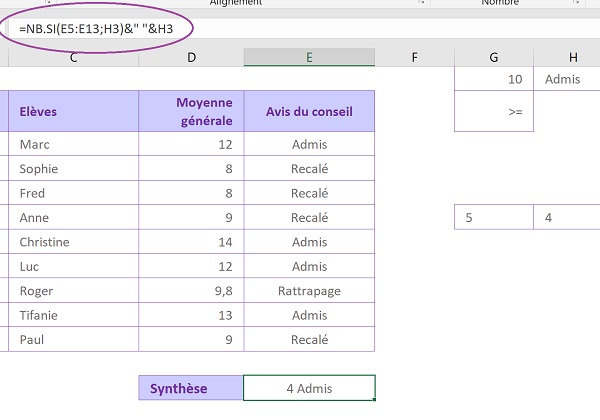 Commenter et expliquer un résultat de calcul statistique par concaténation Excel