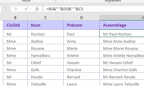 Reconstruire chaînes informations par calcul de concaténation avec Excel