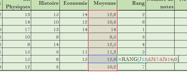 Calcul classement Excel sur colonne fixe grâce aux dollars des références absolues