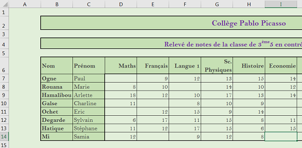 Exercice Excel relevé de notes pour calculs dynamiques