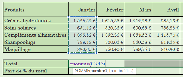 Sélectionner les valeurs à calculer dans les parenthèses de la fonction Excel