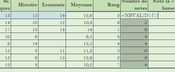 Compter le nombre de valeurs avec fonction Excel Nbval