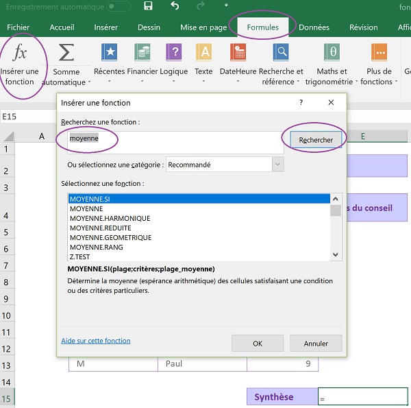 Trouver une fonction de calcul appropriée avec assistant Excel Insérer une fonction