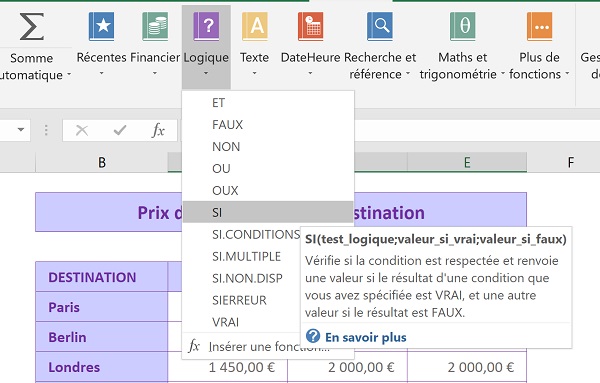 Ruban Excel des formules pour trouver rapidement une fonction de calcul rangée par catégorie