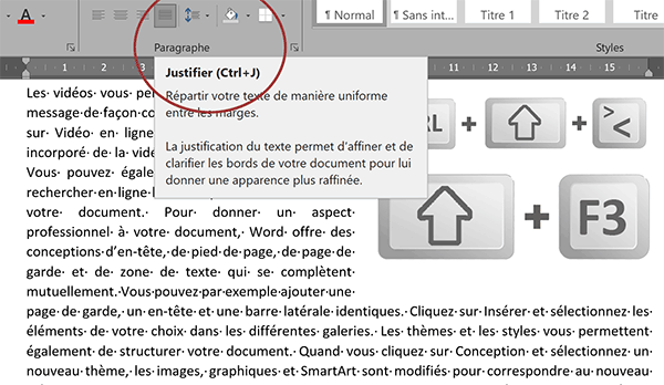 Equilibrer et réaprtir le texte en le justifiant par raccourci clavier Word