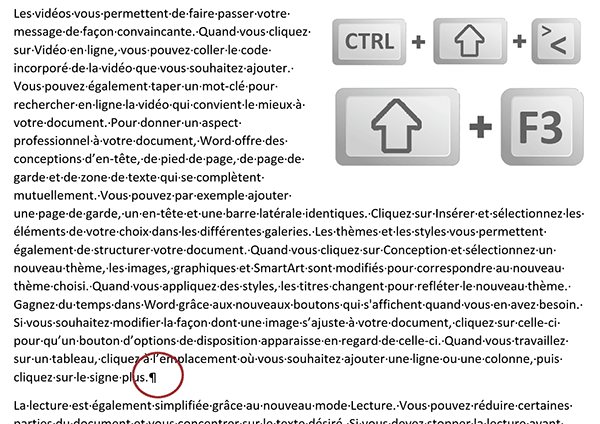 Blocs de paragraphes Word pour démontrer les astuces de sélection et de mise en forme au clavier