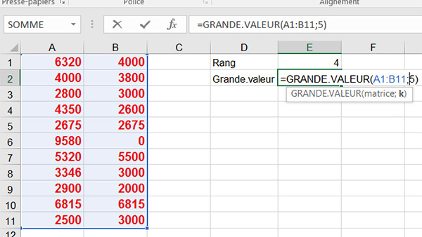 Poistion parmi les plus grandes valeurs Excel