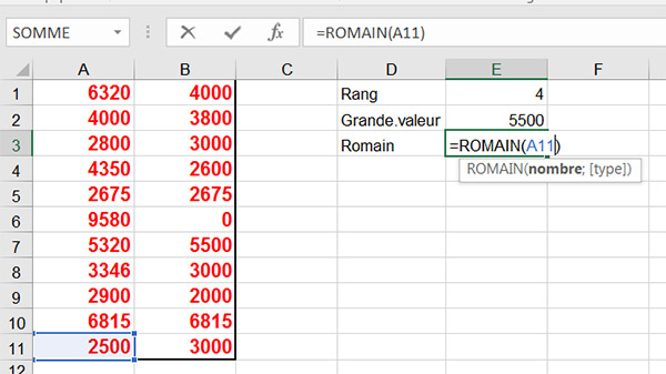 Fonction Excel pour les nombres Romains