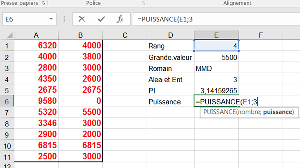 Fonction mathématique Puissance dans Excel