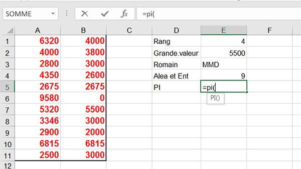 fonction Excel du nombre mathématique PI