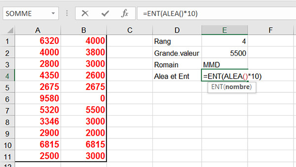 Partie entière pour un nombre aléatoire dans Excel
