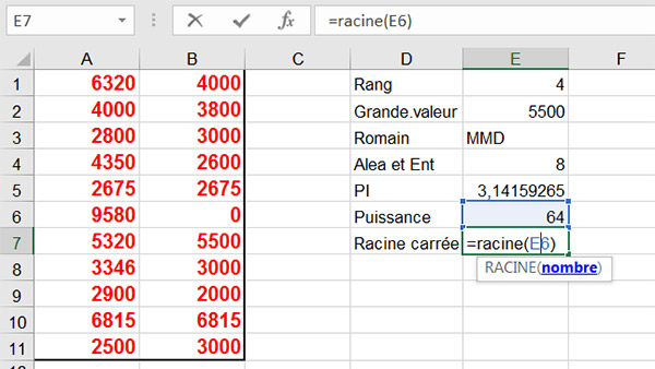Fonction mathématique Racine carrée dans Excel