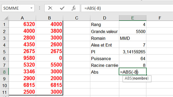 Valeur absolue pour un nombre avec fonction Excel