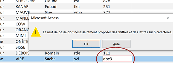 Contrôler la saisie d-un mot de passe alphanumérique avec Access