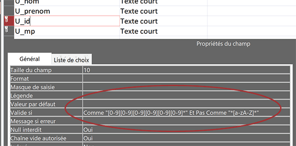 Règle de validité Access avec expression régulière pour imposer uniquement la saisie de chiffres