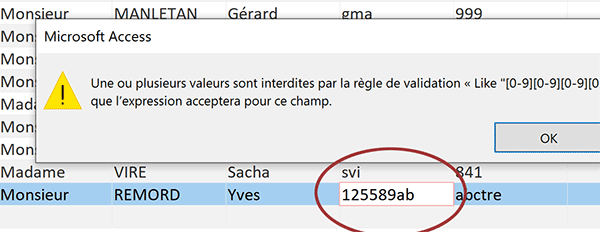 Saisie identifiant refusée dans table Access car présence de lettres avec des chiffres