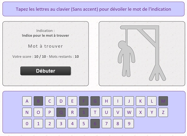 Interpréter et marquer lettres tapées au clavier pour jeu du pendu en Javascript