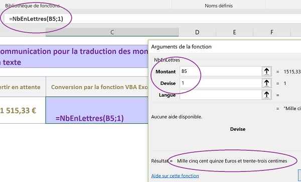 Assistant fonction VBA Excel pour convertir un nombre dans sa correspondance en texte