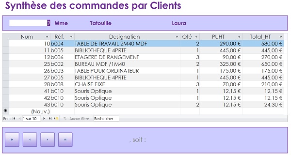 Détail des commandes du client en sous formulaire Access à synthétiser en numérique et en texte