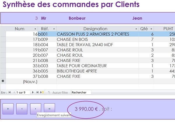 Somme des commandes du client depuis sous formulaire affichée sur le formulaire grâce à requête Sql exécutée par code VBA