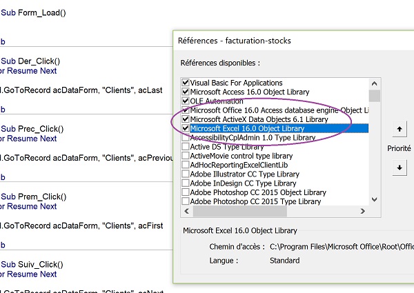 Références aux librairies VBA Access pour piloter base de données et application Excel