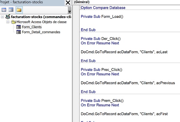Code Visual Basic Access pour boutons navigation clients du formulaire
