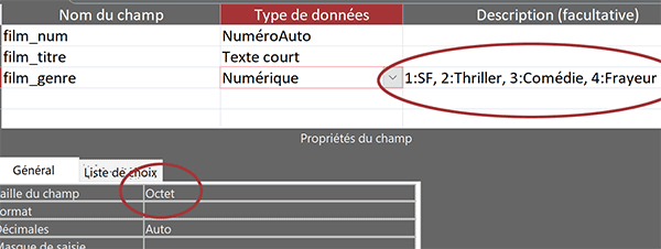 Table Access avec codes catégories numériques