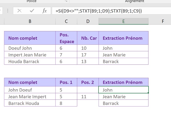 Decouper texte par formule Excel selon position trouvée pour espace ou caractère spécial
