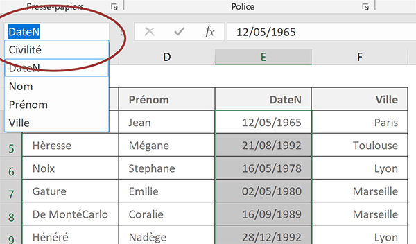 Colonnes du tableau Excel nommées avec les titres de champs pour les exploiter dans la formule matricielle