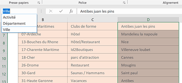 Noms de champs de base de données Excel pour formule matricielle de tri croissant