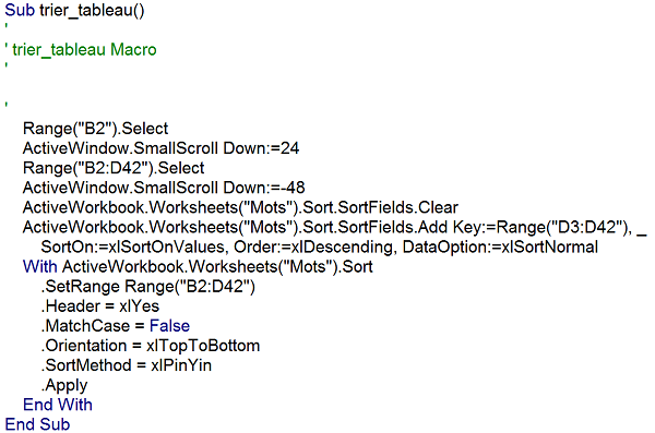 Code Visual Basic Excel pour trier tableau généré automatiquement par Macro