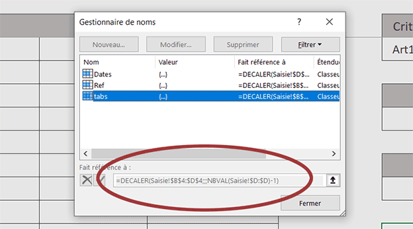 Noms des plages de cellules Excel pour calculs et tris dynamiques et automatiques