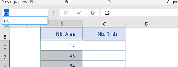 Nom de colonne des nombres à trier par formule matricielle Excel
