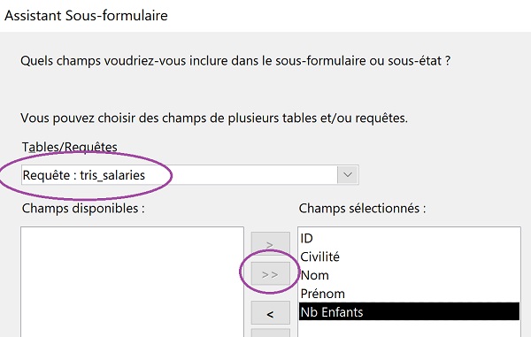 Intégrer tous les champs de la requête Access grâce assistant sous-formulaire